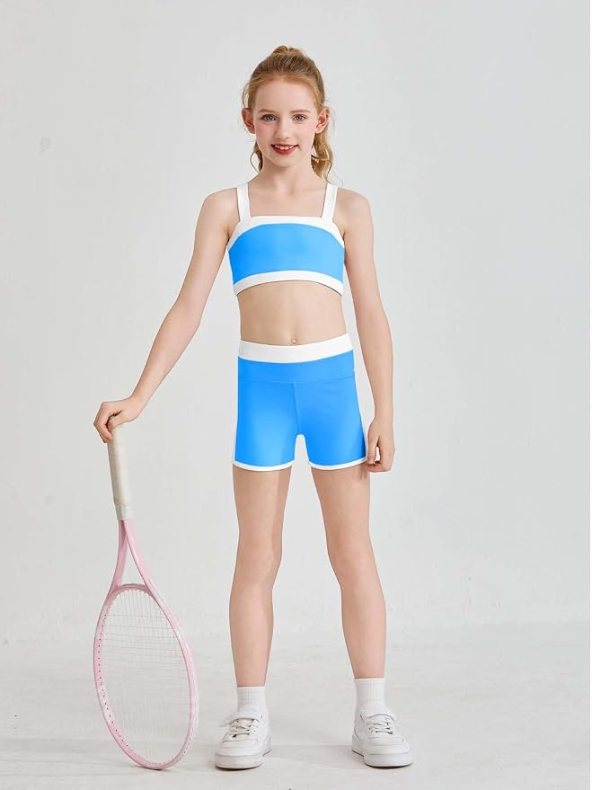 Haloumoning Girls 2 Piece Outfits Athletic Color Block Training Bra and High Waisted Shorts Clothing Sets 5-14Y