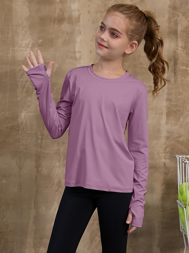 ZDC Girls Long Sleeve Athletic Shirts Kids Crewneck Quick Dry Workout Yoga Tops Basic Tees Activewear