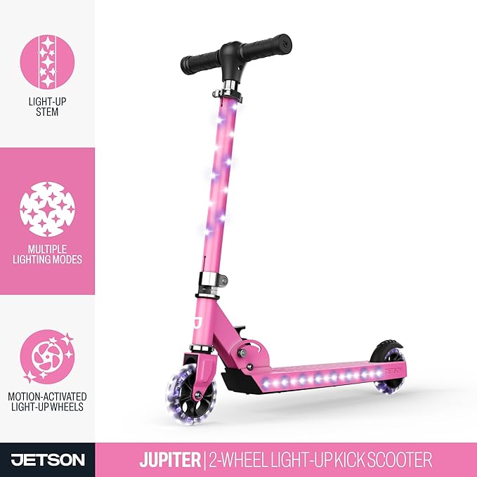 Jetson Jupiter Kids 2-Wheel Light-Up Kick Scooter, LED Lights on Handlebar, Stem, Wheels & Deck, Adjustable Handlebar, Rear Brake, Easy-Folding Mechanism, Ages 5+