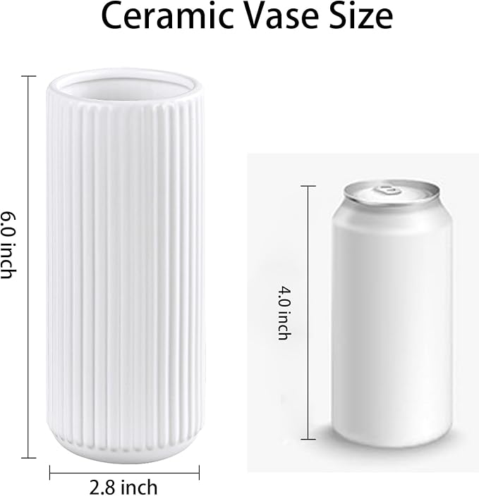 White Ceramic Flower Vase for Pampas Grass, 6 inch Small Decorative Centerpiece Ribbed Vase for Dining Table, Office Desktop, Shelf Bookshelf, Mantel, Bathroom, Countertop, Farmhouse, Gift