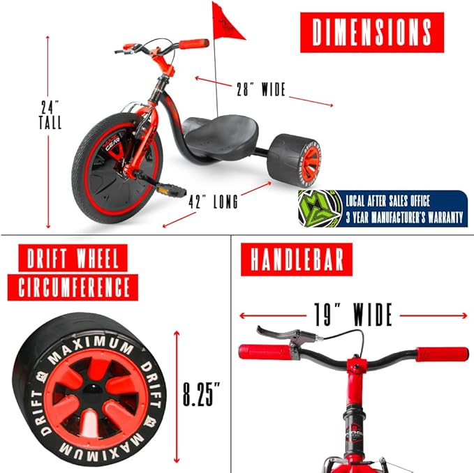 Drift Trike for Kids Ages 5+ – 16" Front Wheel Ride-On with Adjustable Seat, Steel Frame, Rear Slick Drift Wheels & Safety Flag – Madd Gear - (Black Red)