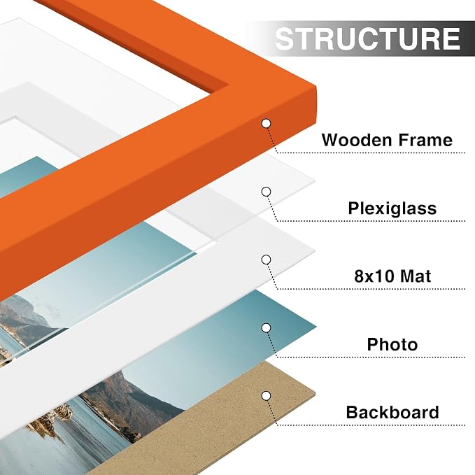 Vittanly 11x14 Picture Frames Set of 9 for Wall Mounting, Orange | Display Pictures 8x10 with Mat or 11x14 without Mat, Engineered Wood with Shatter Resistant Plexiglass, Gallery Photo Frames
