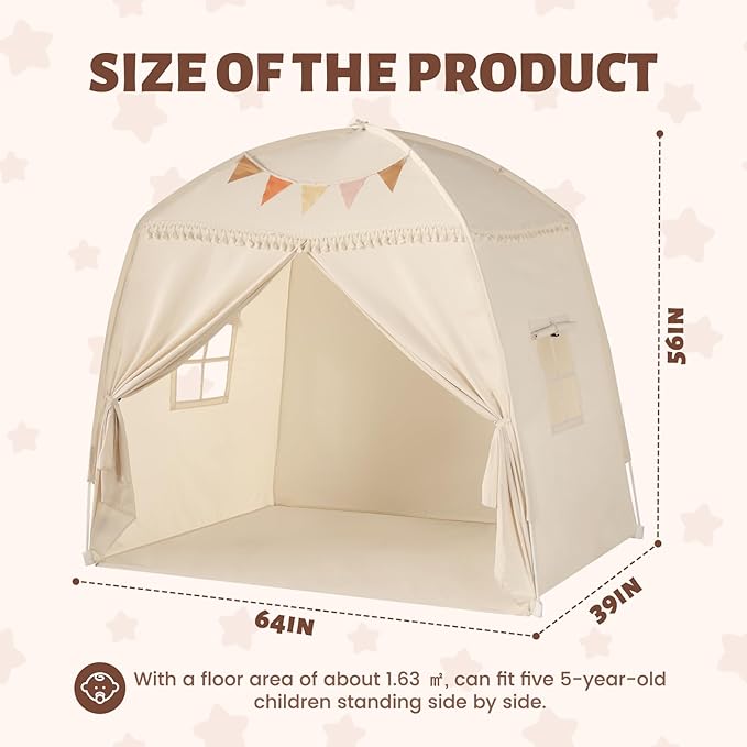 Sumbababy Large Teepee Tent for Kids: with Star Lights & Flags - Tent for Kids Indoor Kids Teepee for Boys & Girls - Playhouse Inside Canopy Bed for Playroom Gift Toys (Cream)