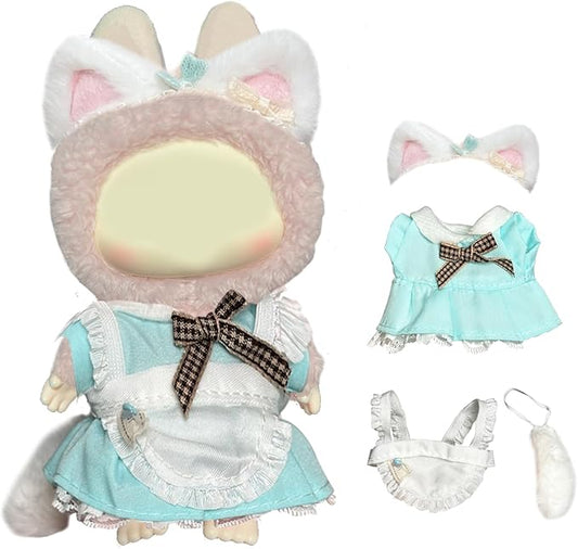 Teal Maid Outfit for Labubu, Maid Dress with Apron Ears and Tail for Labubu Clothes, Cute Maid Costume Set, Clothes Accessories for labubu Toys.