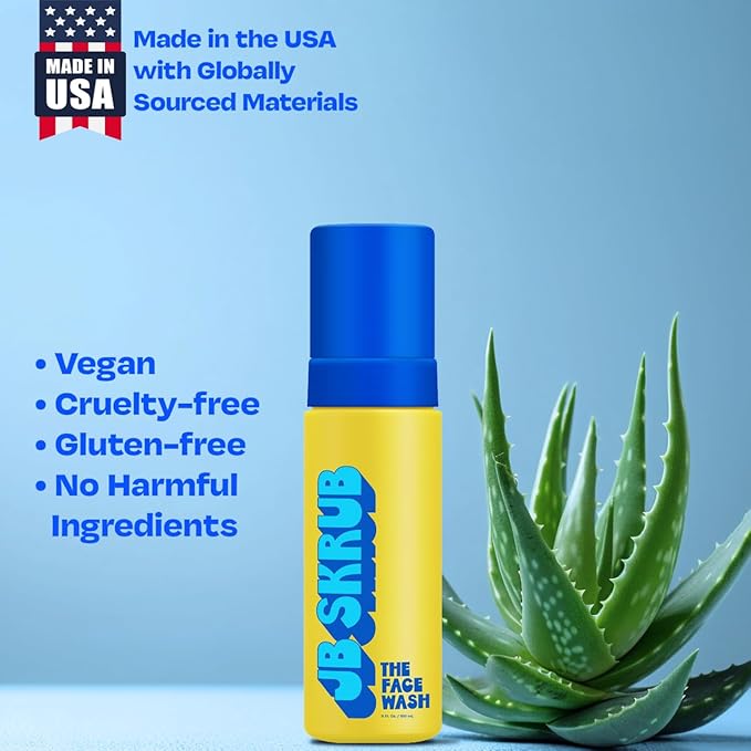 JB SKRUB The Face Wash - Gentle Facial Cleanser for Kids, Tween and Teen Boys - Fragrance-Free Foaming Face Wash with Aloe Vera & Chia Seed for Sensitive Skin - 5 Fl. Oz