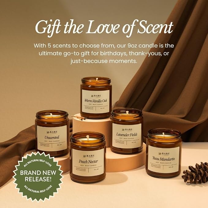 Bare Botanics Non-Toxic Warm Vanilla Oak 9oz Soy Candle - 100% Plant-Based Fragrance Oils - Handpoured in WI - 40+ Hrs