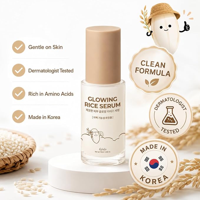 Esfolio made in Korea Rice Serum 1.69 Fl Oz, Lightweight Facial Serum with Rice Extract, Fast Absorbing Daily Face Serum for Soft and Refreshed Skin, Korean Skincare