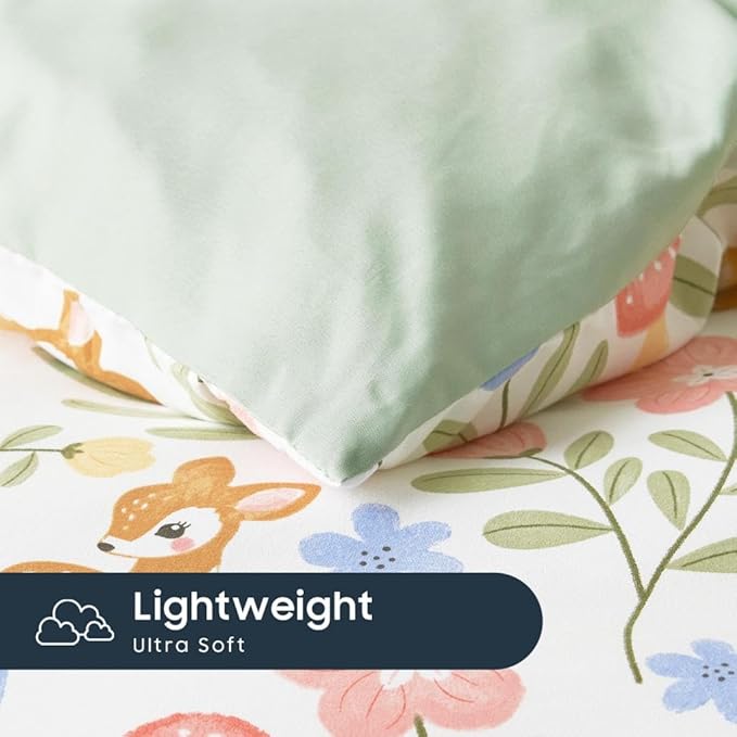 Wake In Cloud - Floral Bedding Set for Girls, Cute Colorful Botanical Flowers Deers Patterned Soft Lightweight Comforter Set with Sheets, 5 Pieces Kids Bed in a Bag, Green Cream, Twin Size