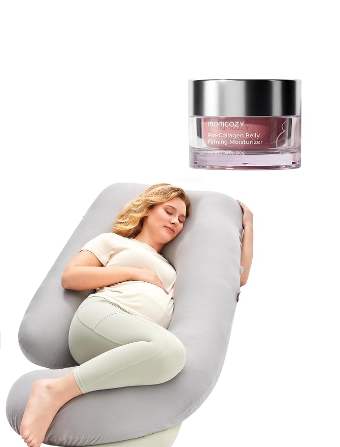 Momcozy Maternity Comfort Bundle: Full Body U-Shaped Pregnancy Pillow & Hydrating Stretch Mark Cream - Total Body Support & Skin Care Set - Essential Pregnancy Registry Gift for Expecting Mothers