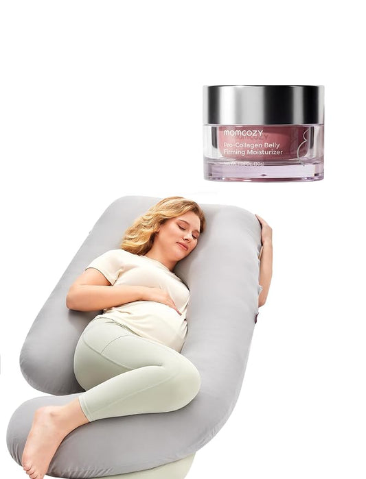 Momcozy Maternity Comfort Bundle: Full Body U-Shaped Pregnancy Pillow & Hydrating Stretch Mark Cream - Total Body Support & Skin Care Set - Essential Pregnancy Registry Gift for Expecting Mothers