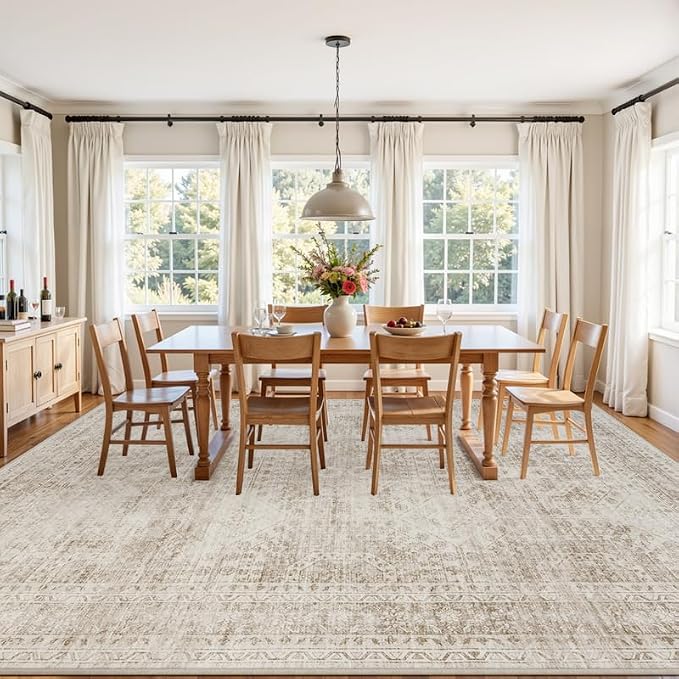 8x10 Area Rugs for Living Room: Vintage Boho Neutral Washable Rug Indoor Soft Large Area Rug Carpet for Bedroom Nursery Farmhouse Dining Room Office Floor Non-Slip Low Pile Under Table Rug Brown