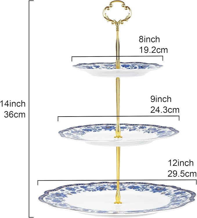 fanquare 3-Tier Blue British Porcelain Cupcake Stand, Elegant Floral Fruit Plate with Gold Trim, Dessert Stand for Birthday, Wedding, Tea Party