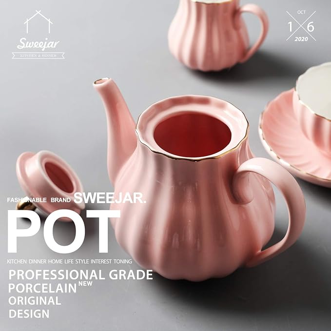 Sweejar Royal Teapot, Ceramic Tea Pot with Removable Stainless Steel Infuser, Blooming & Loose Leaf Teapot - 28 Ounce(Pink)