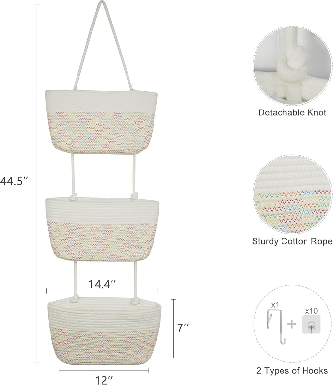 TeoKJ Over the Door Hanging Basket, 3-Tier Woven Cotton Wall-Mounted Storage Organizer Bag Decorative Hanging Nursery Baskets, White & Rainbow Stitching