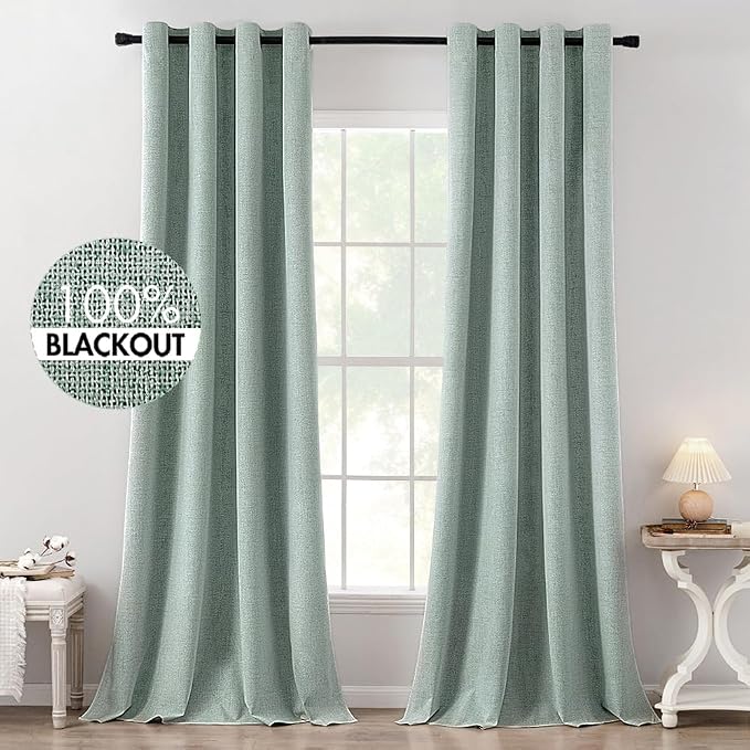 MIULEE Linen Texture Curtains for Bedroom Solid 100% Blackout Thermal Insulated Seafoam Green Curtains Grommet Room Darkening Curtains/Draperies for Living Room 52x120 Inch (2 Panels)