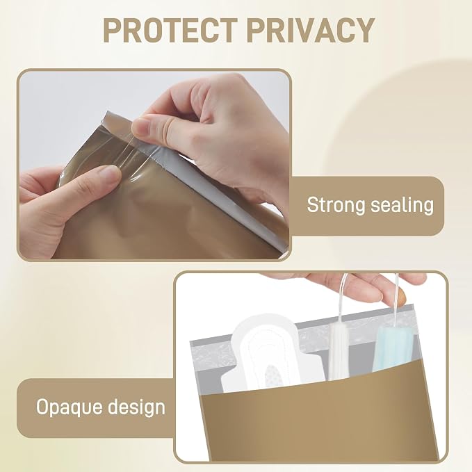 Sanitary Napkin Disposal Bags FARVIGOR, 100Pcs Women Feminine Hygiene Disposal Bags for Tampons and Pads, Personal Disposal Bag Self-Sealing, Privacy Protection, 9.8x5.9"(Khaki)