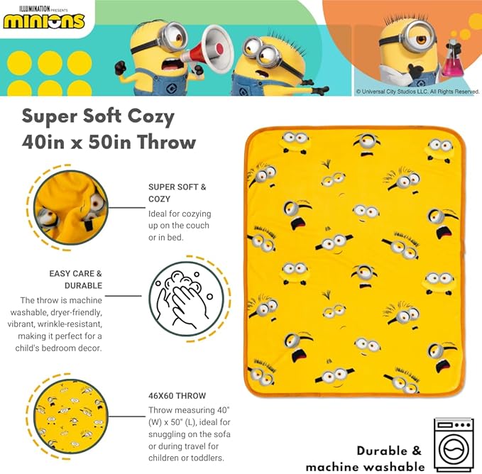Despicable Me 4 Minions Kids Bedding Super Soft Silk Touch Throw, 40 in x 50 in, (Officially Licensed Product) By Franco