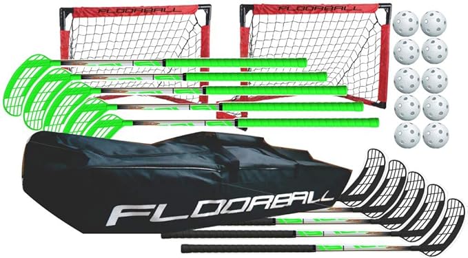 Score One Floorball Stick Set, 5v5 for Kids Ages 5-10. Play Floorball Games with 10 Straight Blade Floorball Sticks in 75 cm Length, 10 Balls, 2 Folding Goals and a Big stickbag.