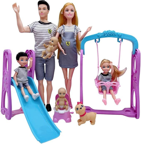 Dolls Set of 6 People with Pregnant Mom Dad 3 Kids and Baby Boy in Mommy's Tummy, Doll Playsets and Accessories for 3-12 Years Old Toddlers Gift