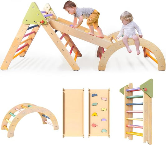 LOL-FUN Pikler Triangle Set with Slide for Toddler 1-3, Montessori Climbing Toys for 1 Year Old, Toddler Climbing Toys Indoor Pickler Climbing Set, Foldable Wooden Climber Jungle Gym for Kids