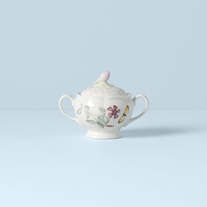 Lenox Butterfly Meadow Double Handled Sugar Bowl with Lid, White -, 1 Count (Pack of 1)