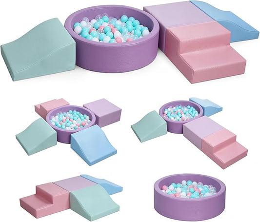 Hoohtoot Foam Climbing Blocks for Toddler: with 4-Piece PU Leather Climbing Toys and a Ball Pit - Foam Ball Pit for Toddlers - Climbing Toys Indoor for Kids Crawling (Purple Climbing Blocks)