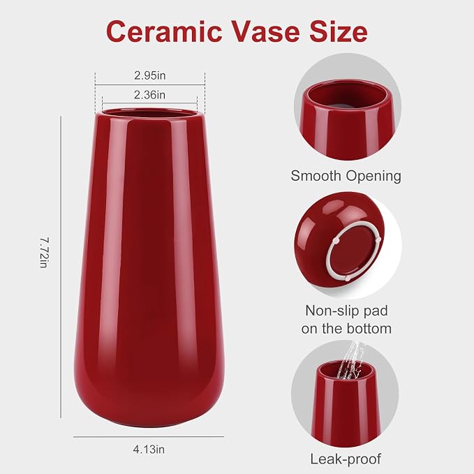 Ceramic Vase, GUKJOB Small Cute Flower Vase for Pampas Grass, Home, Living Room, Dining Table, Farmhouse, Office Decor, Bedroom, Table, and Kitchen Shelf (086 Red)
