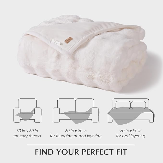 Faux Rabbit Fur Bubble Throw Blanket, 50"x60", Ivory White | Ultra Soft, Luxury Faux Rabbit Fur Throw, Thick Warm Bubble Blanket, Cozy Fluffy Reversible, for Bed, Couch, Chair, Sofa