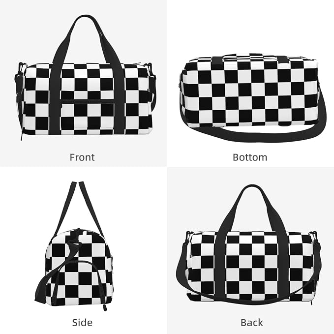 Fiokroo Sports Gym Bag Black And White Checkered Travel Duffel Bag For Men Women With Shoe Compartment Water Resistant Gym Bag Carry On Duffel Bag For Weekend Traveling Yoga Gym Sports
