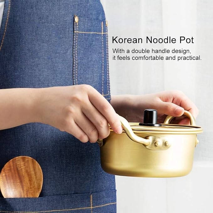 Korean Ramen Pot, Aluminum Noodle Pot with Lid Portable Korean Cookware Traditional Hot Pot Korean Noodle Cooker Fast Heating for Ramen, Soup, Pasta, Camping, Gold, 16cm