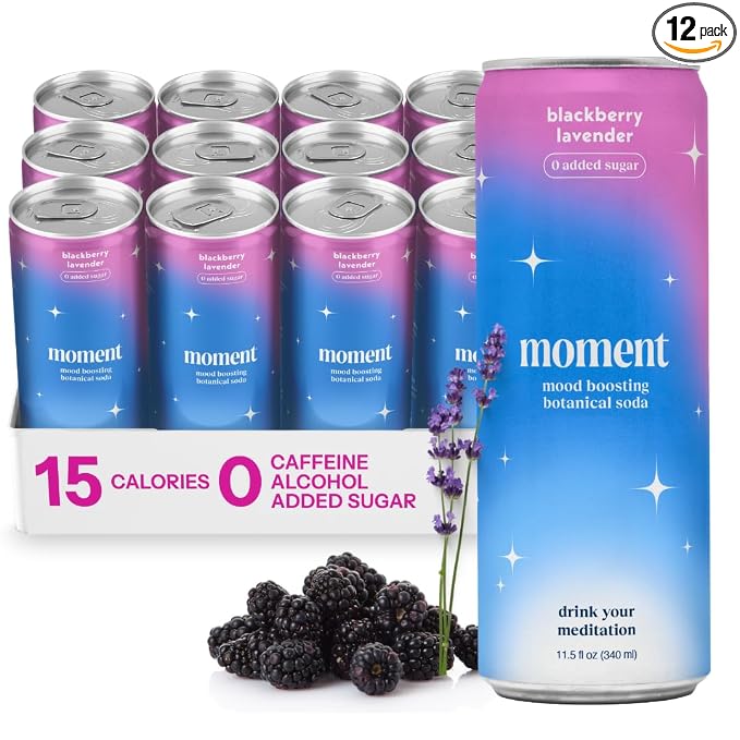 Moment Adaptogen Drink (Shark Tank) - Calm, Clarity & Relaxation with L-Theanine & Ashwagandha - Non Alcoholic Drinks for Adults - Sparkling Botanical Soda - 0 Sugar 0 Caffeine - 12 Pack 11.5 fl oz