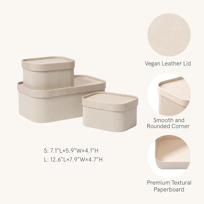 LA JOLIE MUSE Decorative Storage Boxes with Lids Faux Leather, Grey 3 Pack | Vegan Leather Lids, Fluted Cardboard Storage Basket, Organizer for Jewelry, Shelves, Bedroom & Closet Storage Memory Box