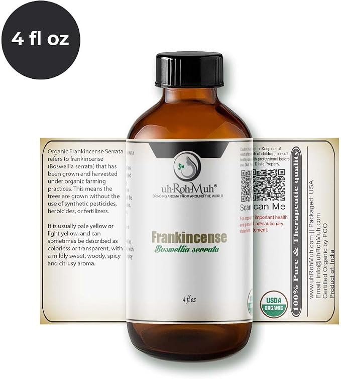 Organic Frankincense Serrata Essential Oil - Steam Distilled Boswellia Serrata Oil, Warm Woody Aroma, Base Note Essential Oil for Aromatherapy, Skincare and DIY Cosmetic Blends - 4 Fl oz