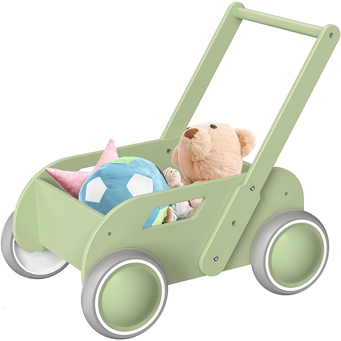 HOMEKOL Wooden Baby Push Walker, Green | Adjustable Height, with Rubber Wheels, for Boys and Girls, Gift for Birthday, Christmas and New Year