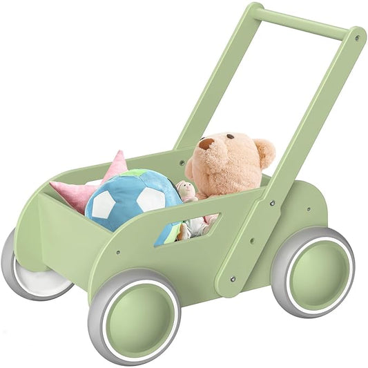 HOMEKOL Wooden Baby Push Walker, Green | Adjustable Height, with Rubber Wheels, for Boys and Girls, Gift for Birthday, Christmas and New Year