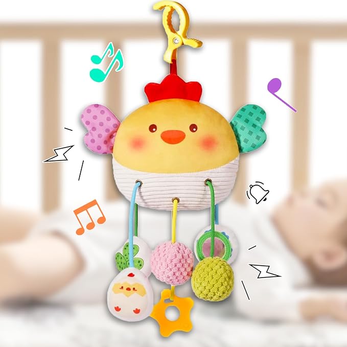 Baby Hanging Toys, Plush Animal Stuffed Sensory Toys for Carseat Stroller Car Seat Crib Play Gym, Baby Toys for 0 3 6 9 12 Months, Baby Boys and Girls Gift (Chick)