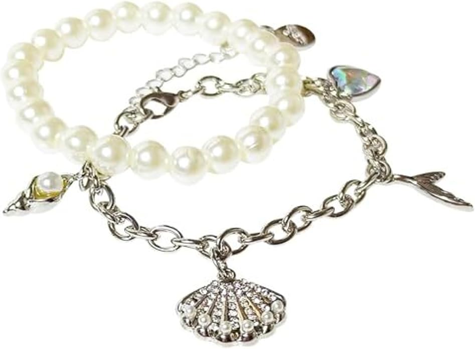 LUV HER Disney The Little Mermaid Bracelet Set for Girls Age 3+ - Pearl & Chain Bracelets with Seashell, Mermaid Tail, Heart Charms - Ideal for Dress-Up & Themed Parties - Adjustable & Layered Style