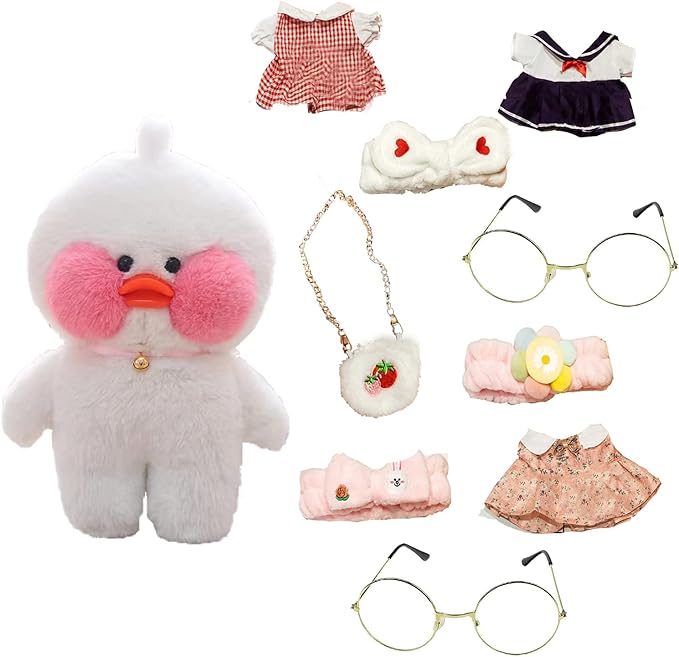 Duck Stuffed Animal Toy with 9 Outfits and Accessories to Match DIY Dress Up Clothes for Duck Plush Toy for Kids（12inch） (1White Duck)