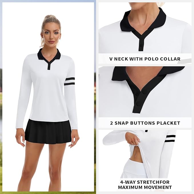 Soneven Womens Golf Shirts Moisture Wicking V Neck Long Sleeve Polo Shirts Collared Tops