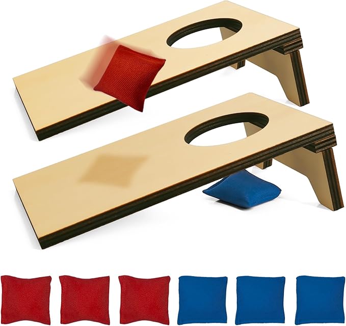 2PCS Mini Tabletop Cornhole Boards, 4.7" W x 7.7" L Wooden Desktop Toss Game with 8 Bean Bags, Portable Game Set for Travel Home