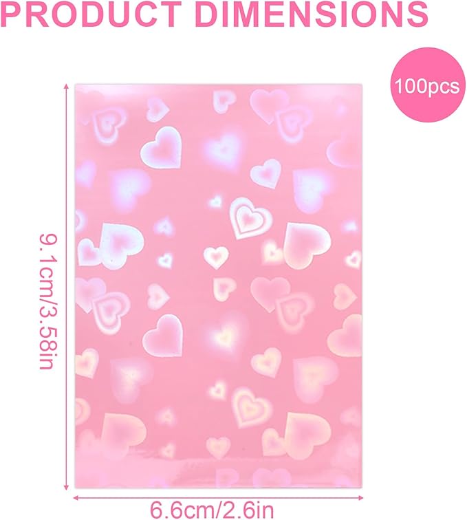 100pcs Holographic Colors Card Sleeves, 3.58x2.6in/91x66mm Colored Heart-Shaped Flashing Card Sleeves for Mini Polaroid Photocard Collectible Protection(Pink)