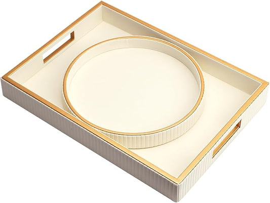 Leather Tray Desktop Storage Organizer, Decorative Tray Set, White | Premium Serving Trays Valet Tray for Sundries Cosmetics Phone Wallet Cutlery, Set of 2, White Holder with Disc