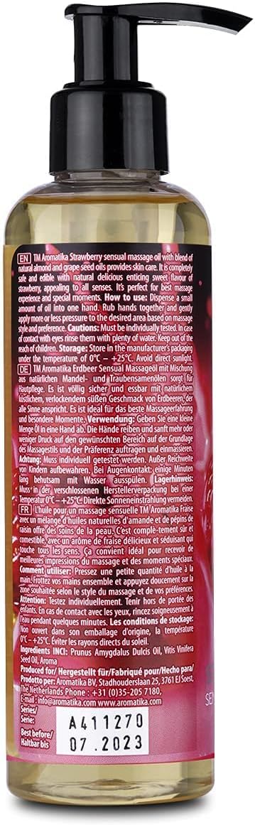 Sensual Massage Oil Strawberry 6.8 Fl Oz - Blend of Almond and Grapeseed Essential Oils - Edible & Kissable Massage Oil - Body Oil for Him & Her - for Couples - Gift - Relaxing Massage Oil