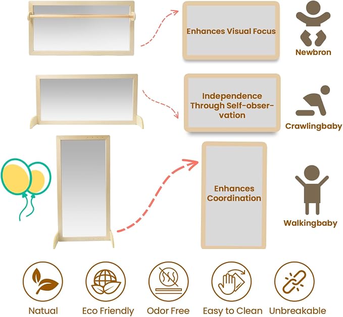 Infant Coordination Mirror Montessori Safety Pull up Bar Baby MirrorAcrylic Non-Glass Early Learning to Walk Mirror Upgrade Dual-Use with Base for Lengthened Version Hanging Toys 59.05”