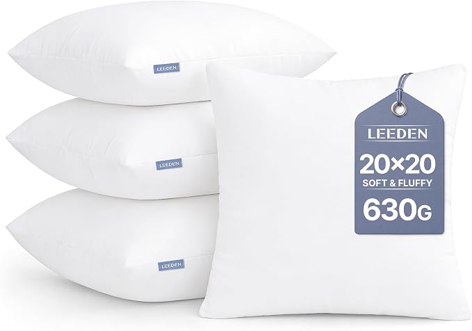 Leeden 20x20 Pillow Inserts Pack of 4, 20 Inch Throw Pillow Inserts, Soft Fluffy Decorative Square Throw Pillows for Couch, Sofa, Bed, and Home Decor White Pillows