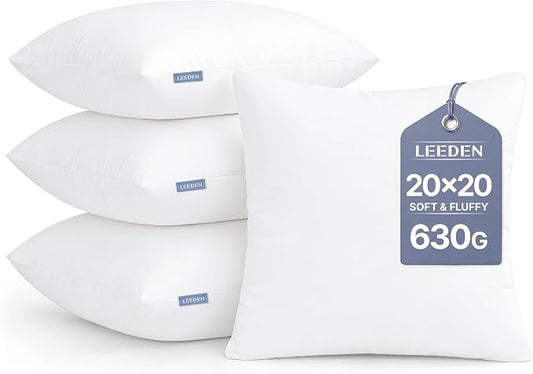 Leeden 20x20 Pillow Inserts Pack of 4, 20 Inch Throw Pillow Inserts, Soft Fluffy Decorative Square Throw Pillows for Couch, Sofa, Bed, and Home Decor White Pillows