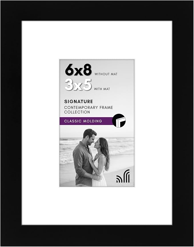 Americanflat 6x8 Picture Frame - Matted to 3x5 - Engineered Wood - Black | Shatter-resistant glass, wall or tabletop display with included easel, sawtooth hangers included, use with or without mat