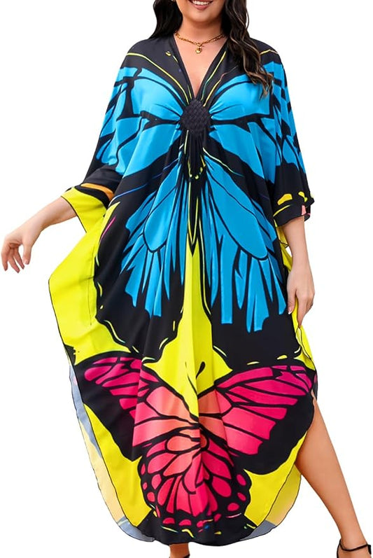 ChiaoLezhee Print Moo-Moos for Women, Kaftan Cover-Up Dresses, Sexy V-Neck High-Slit, Beach Pool-Party Coverups Muumuu Plus