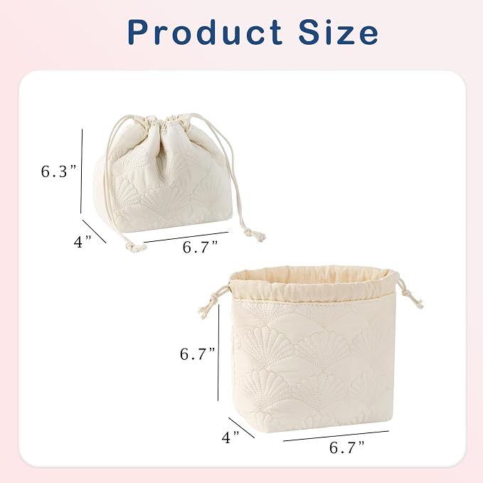 uekeboag White Shells Drawstring Quilted Cotton Makeup Pouch,Coquette Quilted Toiletry Bag for Women and Girls, Floral Coquette Organizer Bag, Aesthetic Travel Cosmetic Bags(White Shells Drawstring)
