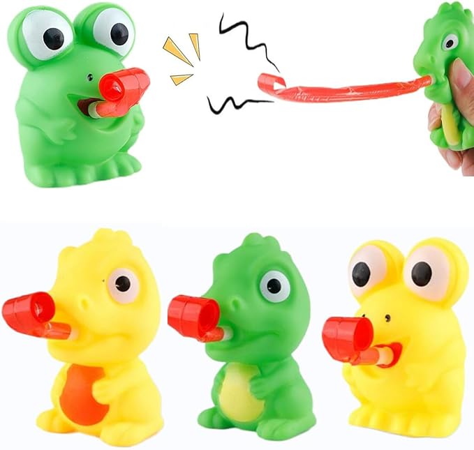 LBKKC Easter Basket Stuffers Rubber Frog Dinisaur Toys Tongue Sticking Out, Creative Party Favor, Novelty Relief Stress Squeeze Toys Funny Gags Gifts for Kids Adults,Sensory Toys, 4 Pack
